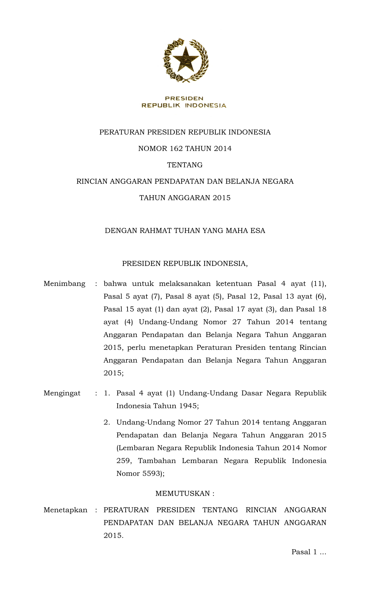 Peraturan Presiden Nomor 162 Tahun 2014