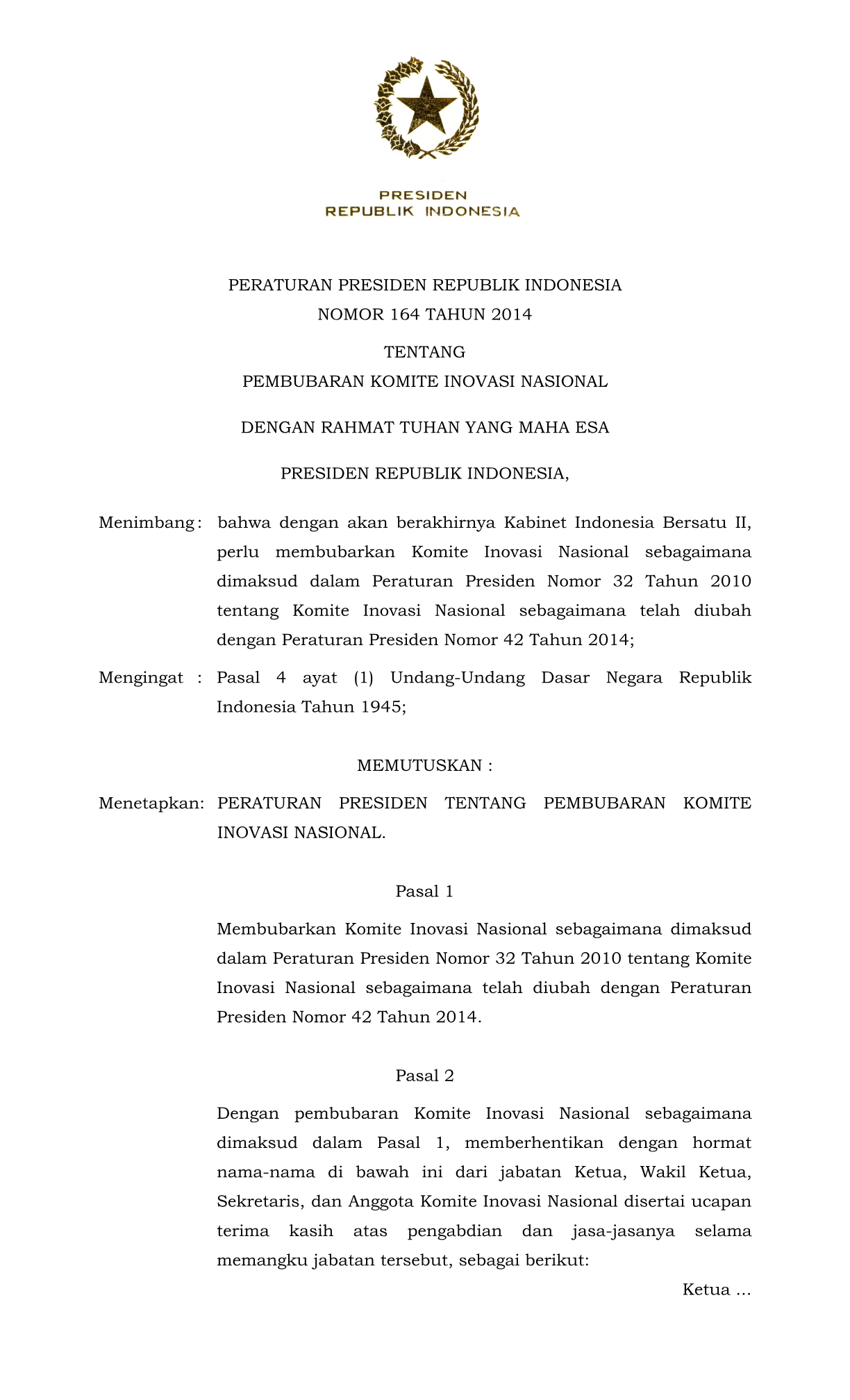 Peraturan Presiden Nomor 164 Tahun 2014
