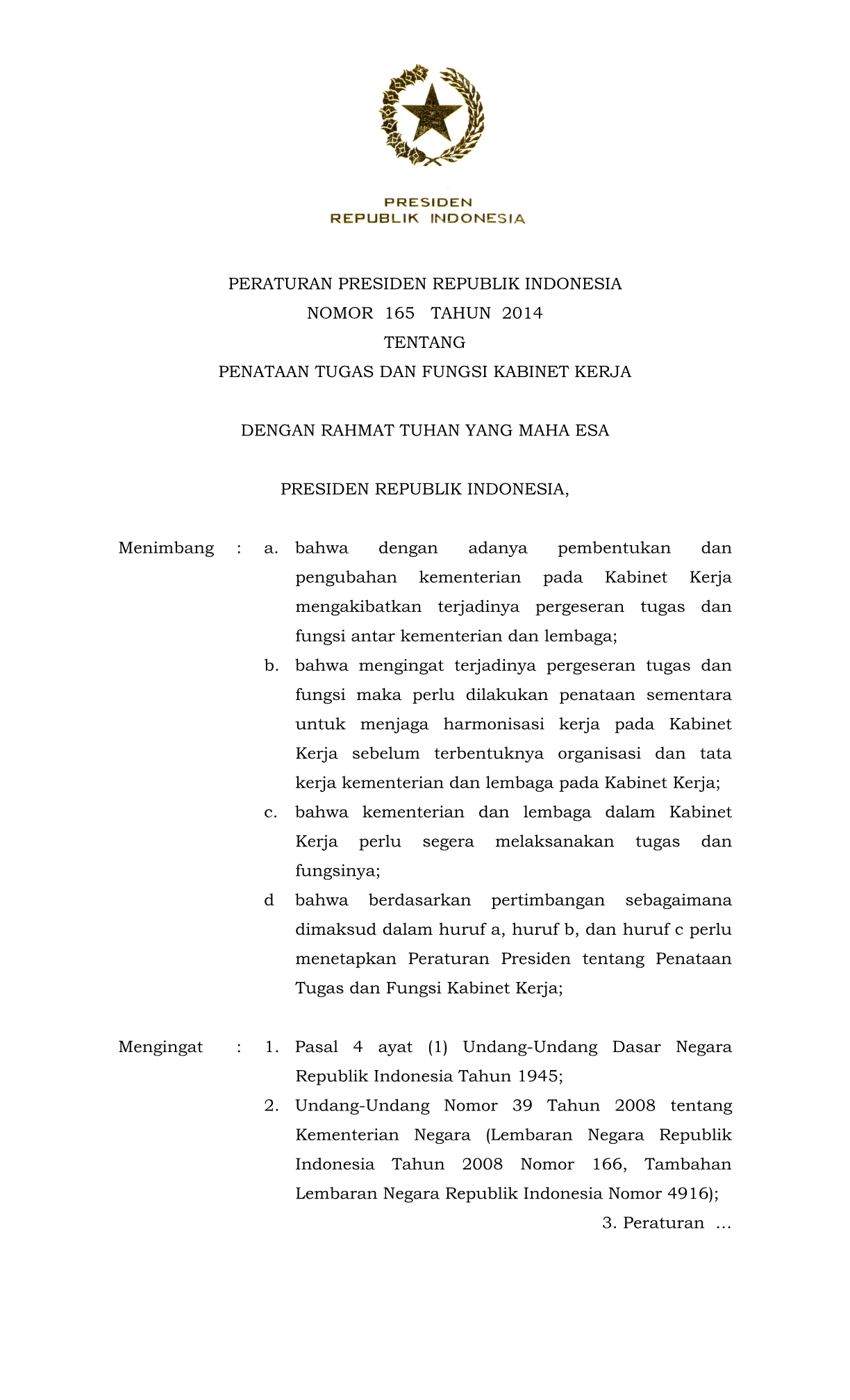 Peraturan Presiden Nomor 165 Tahun 2014