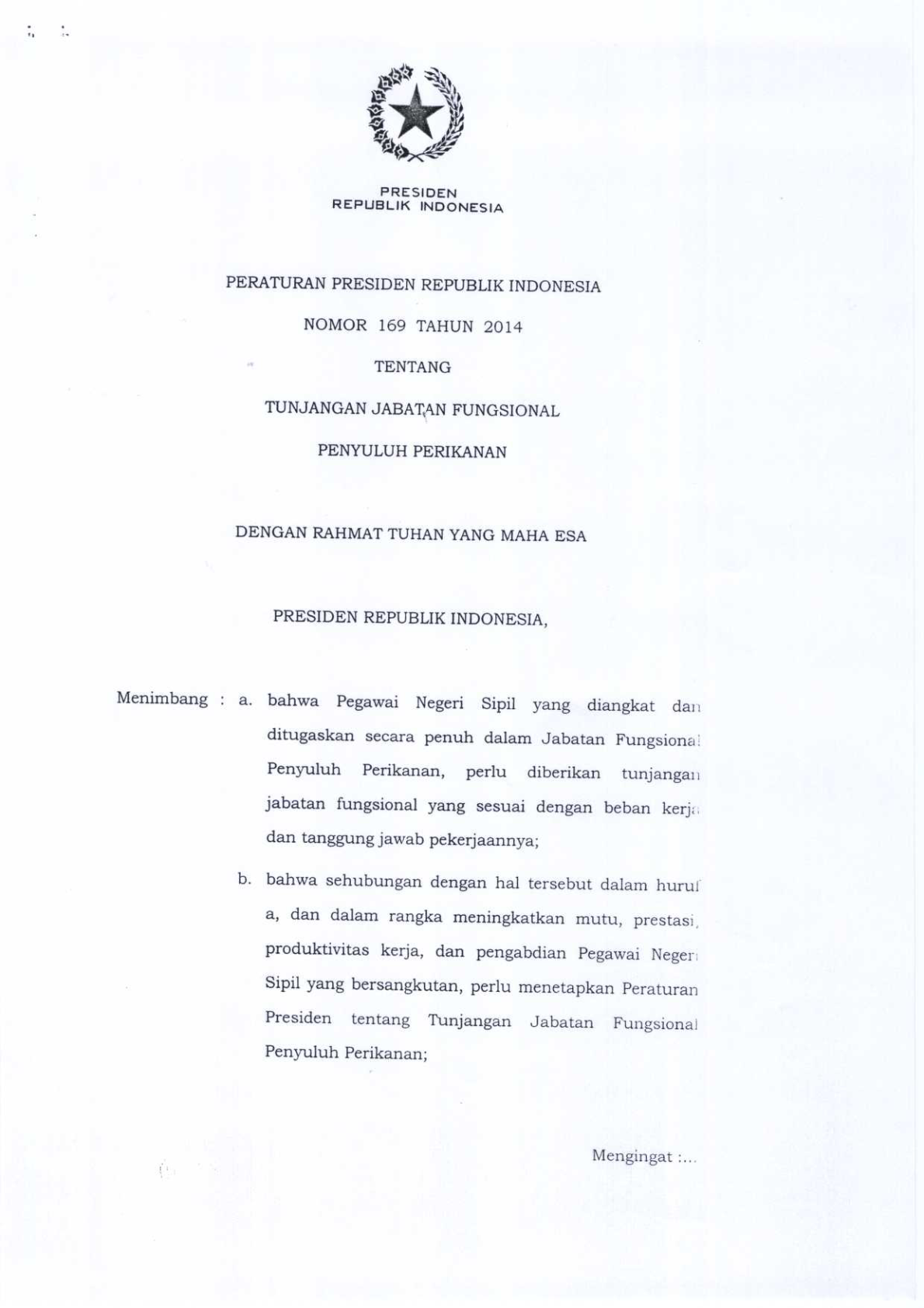 Peraturan Presiden Nomor 169 Tahun 2014