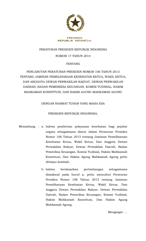 Peraturan Presiden Nomor 17 Tahun 2014