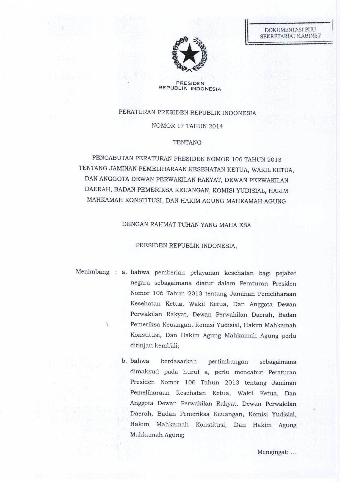Peraturan Presiden Nomor 17 Tahun 2014