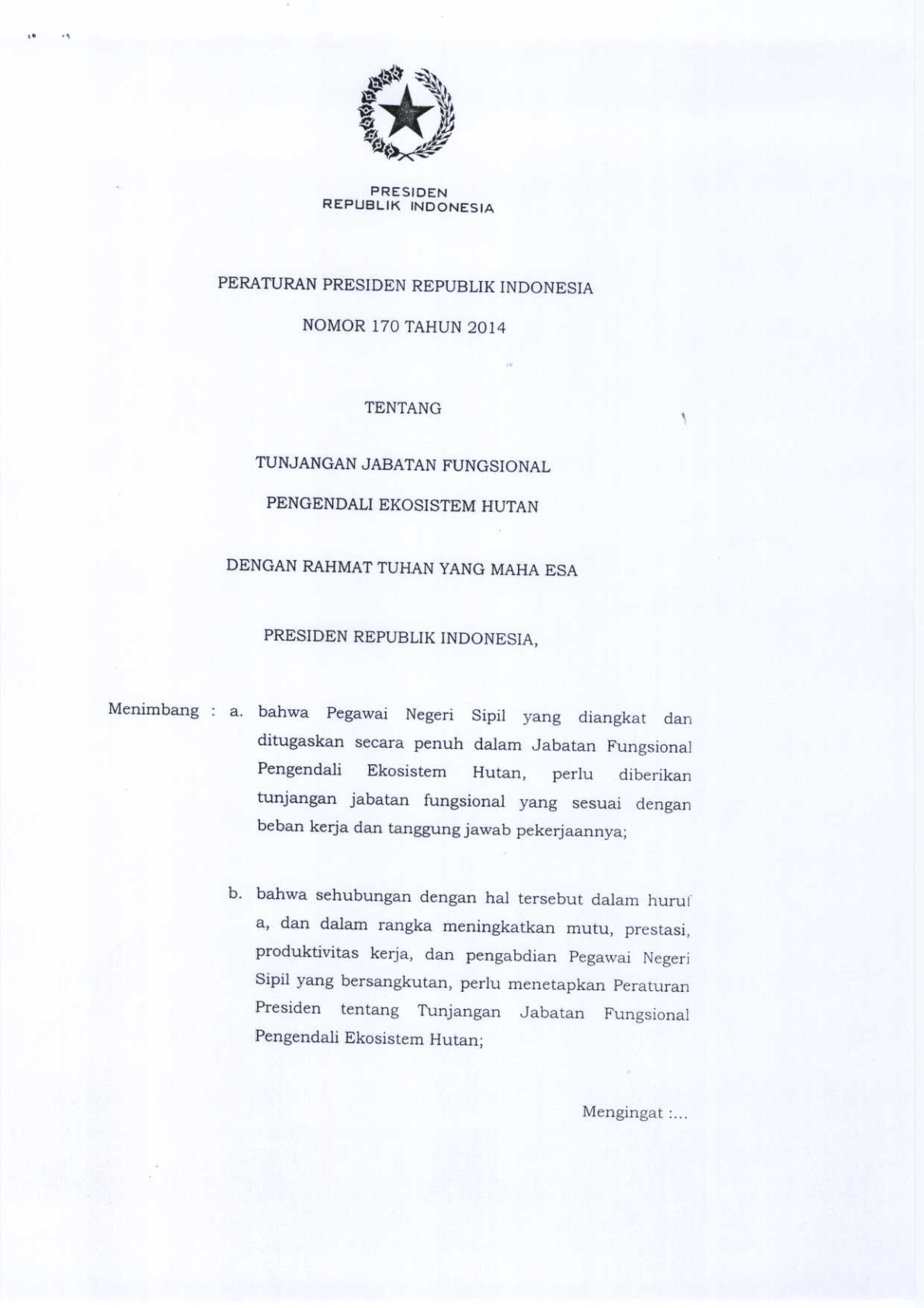 Peraturan Presiden Nomor 170 Tahun 2014