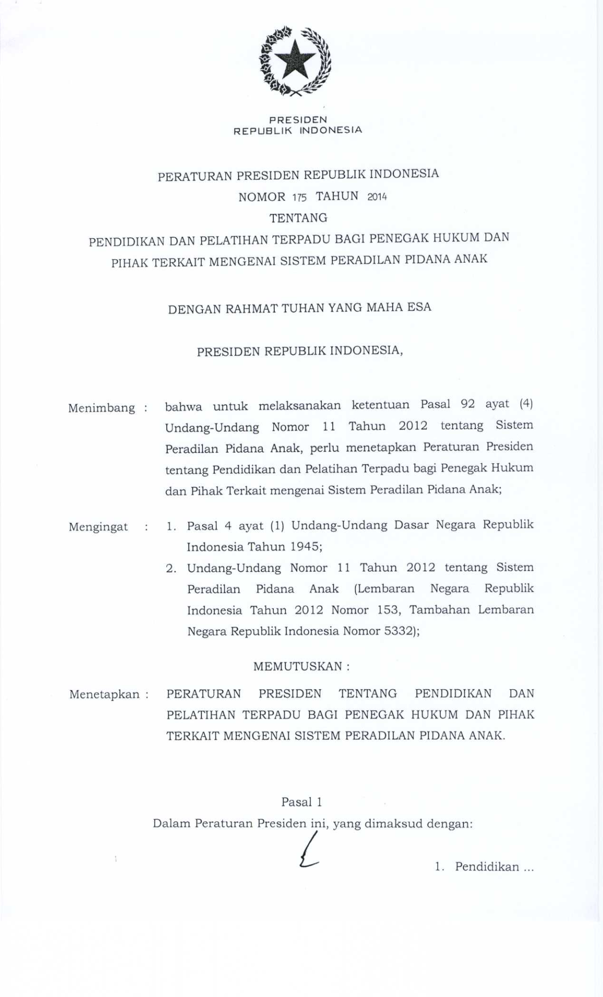Peraturan Presiden Nomor 175 Tahun 2014