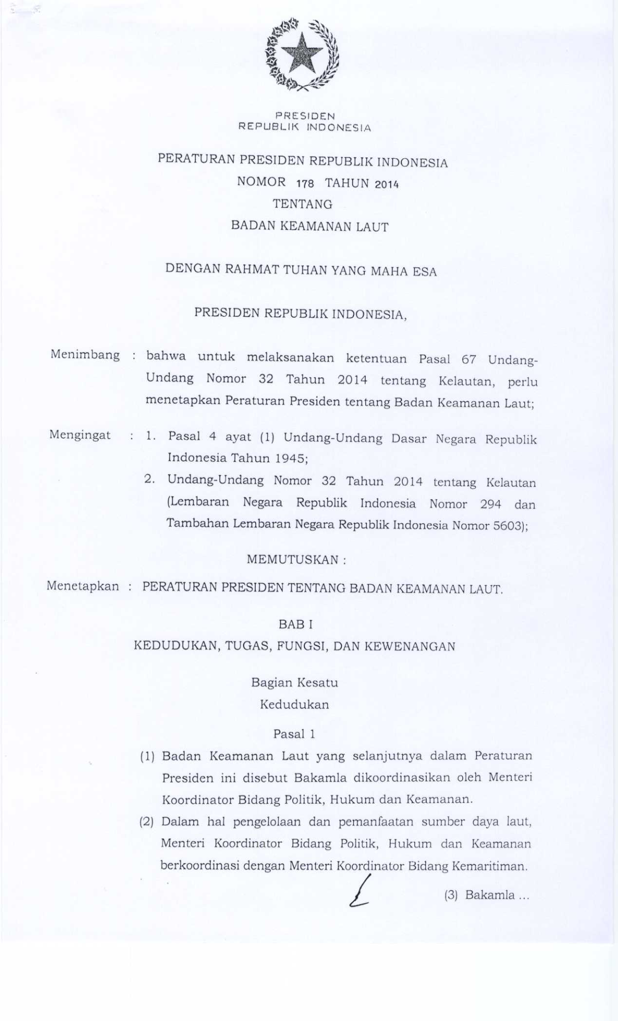 Peraturan Presiden Nomor 178 Tahun 2014