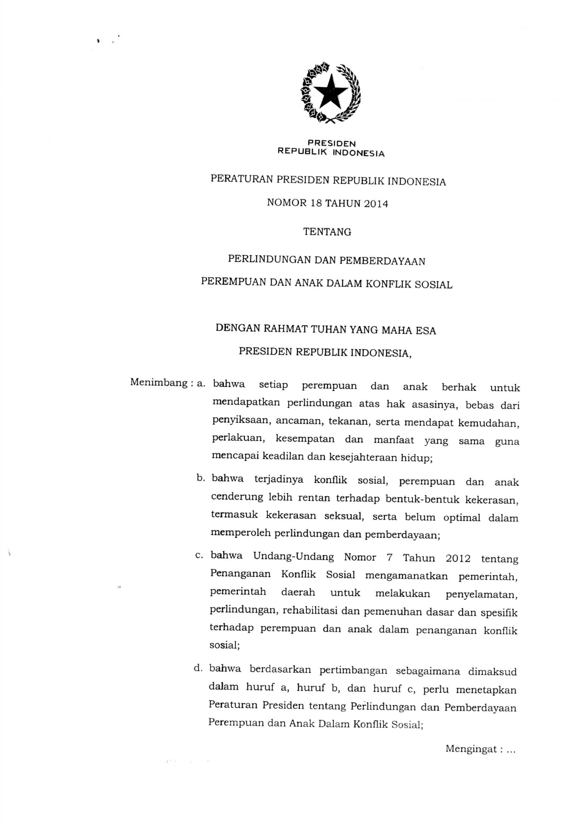 Peraturan Presiden Nomor 18 Tahun 2014