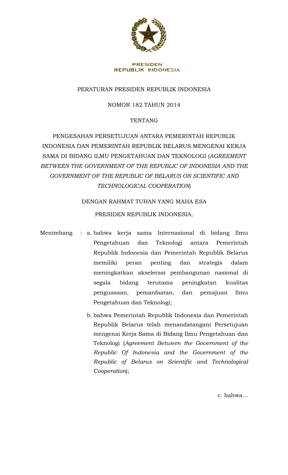 Peraturan Presiden Nomor 182 Tahun 2014