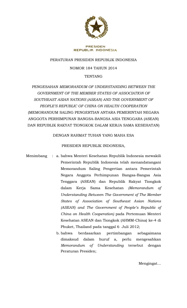 Peraturan Presiden Nomor 184 Tahun 2014