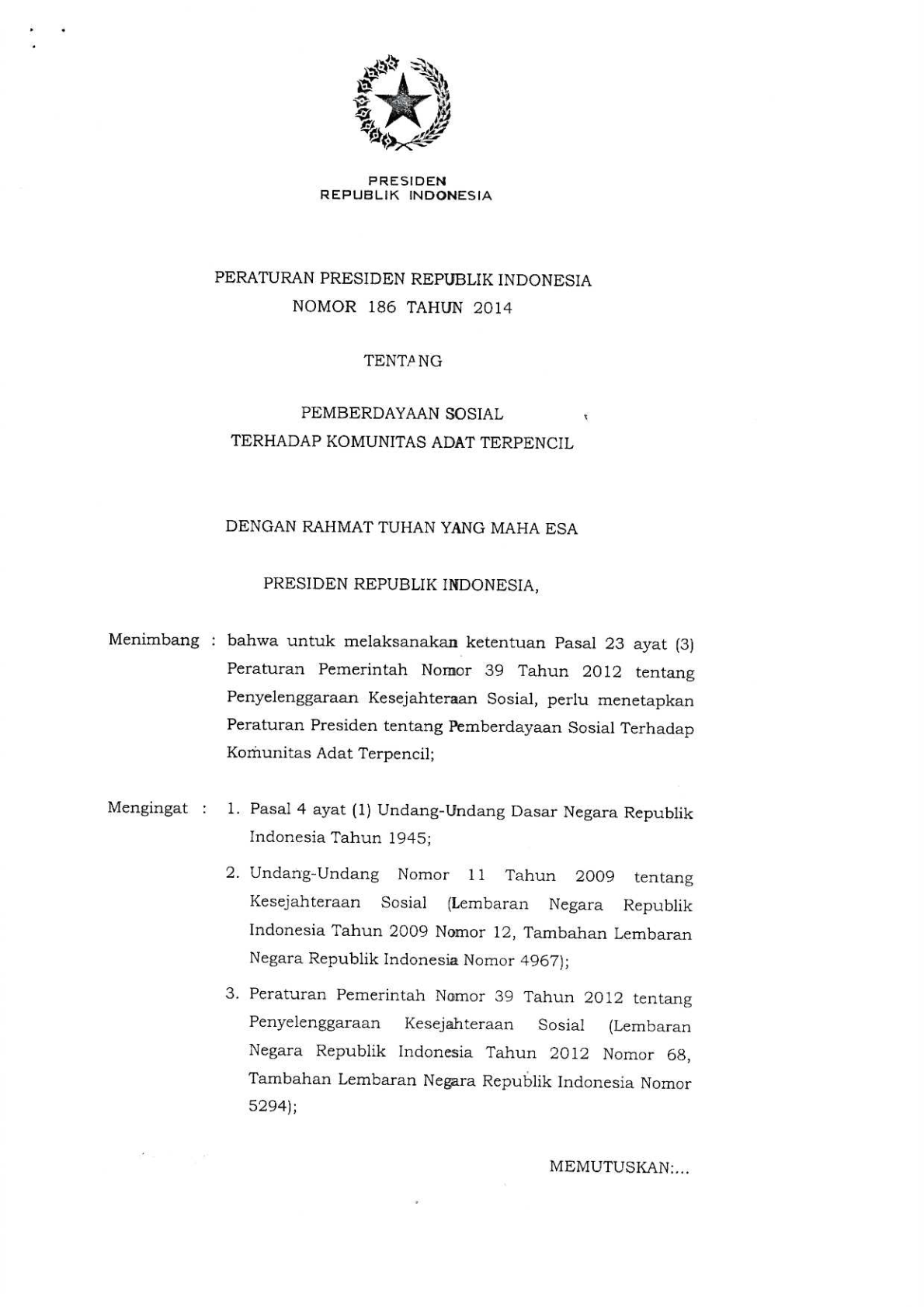 Peraturan Presiden Nomor 186 Tahun 2014