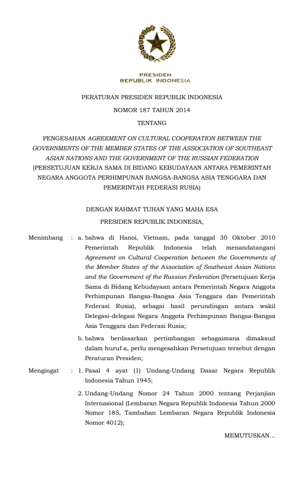 Peraturan Presiden Nomor 187 Tahun 2014