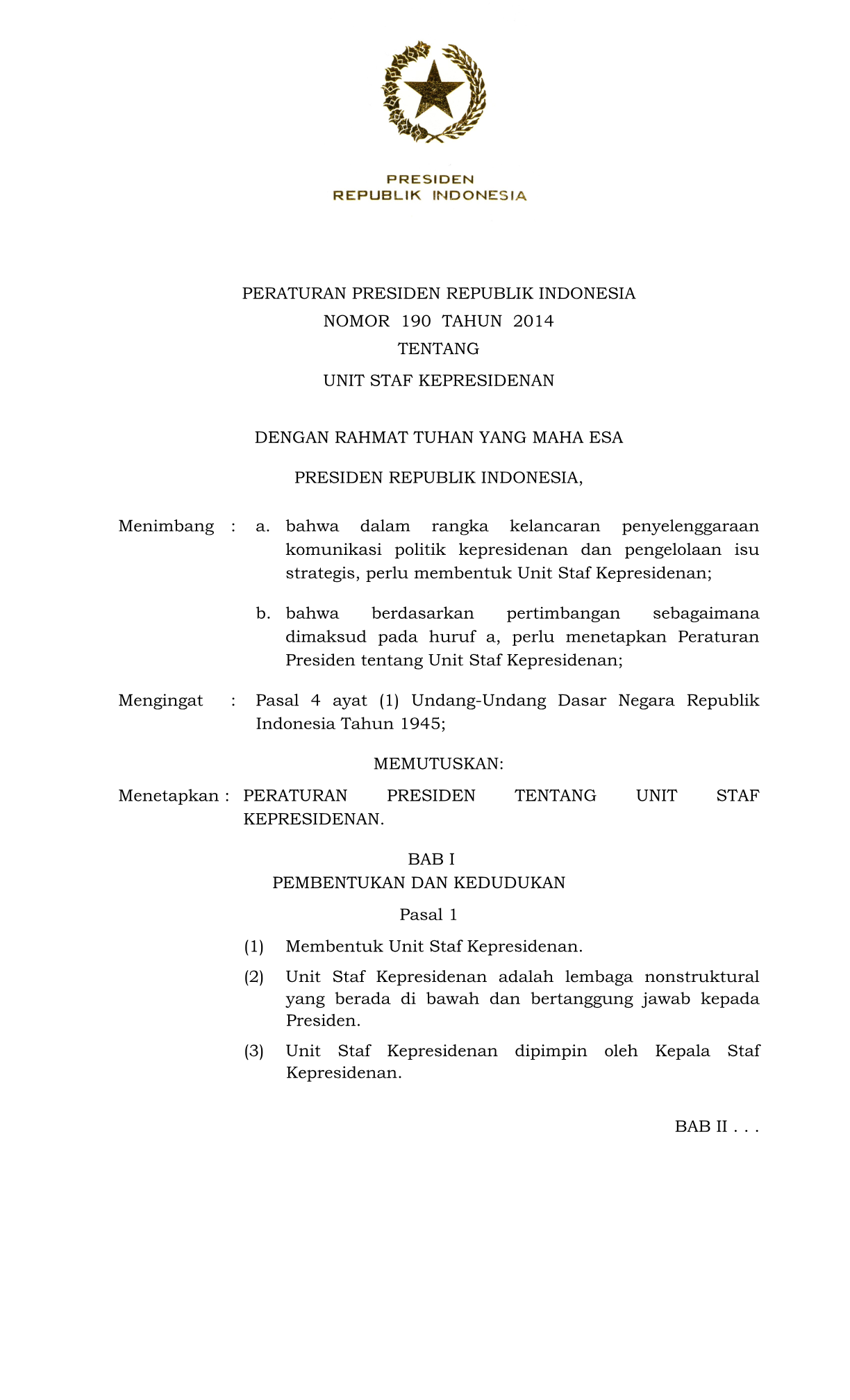 Peraturan Presiden Nomor 190 Tahun 2014
