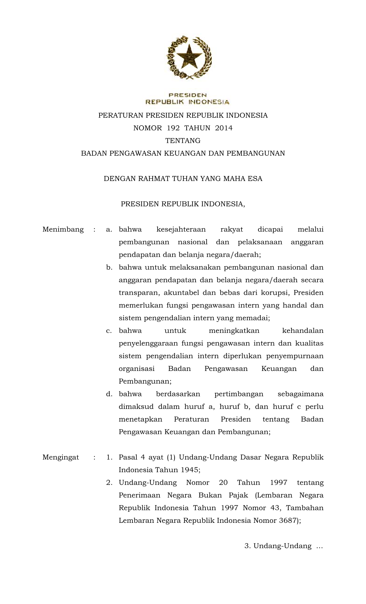 Peraturan Presiden Nomor 192 Tahun 2014