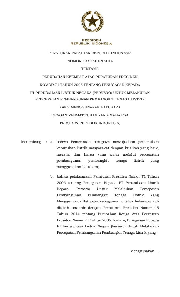 Peraturan Presiden Nomor 193 Tahun 2014