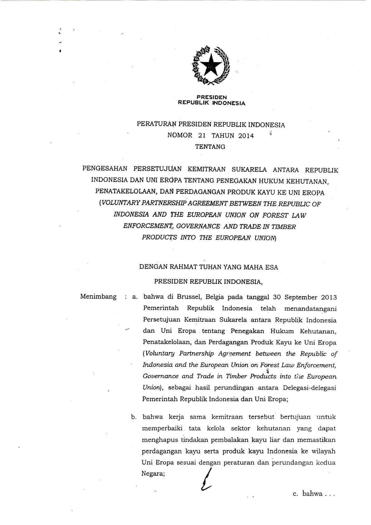 Peraturan Presiden Nomor 21 Tahun 2014