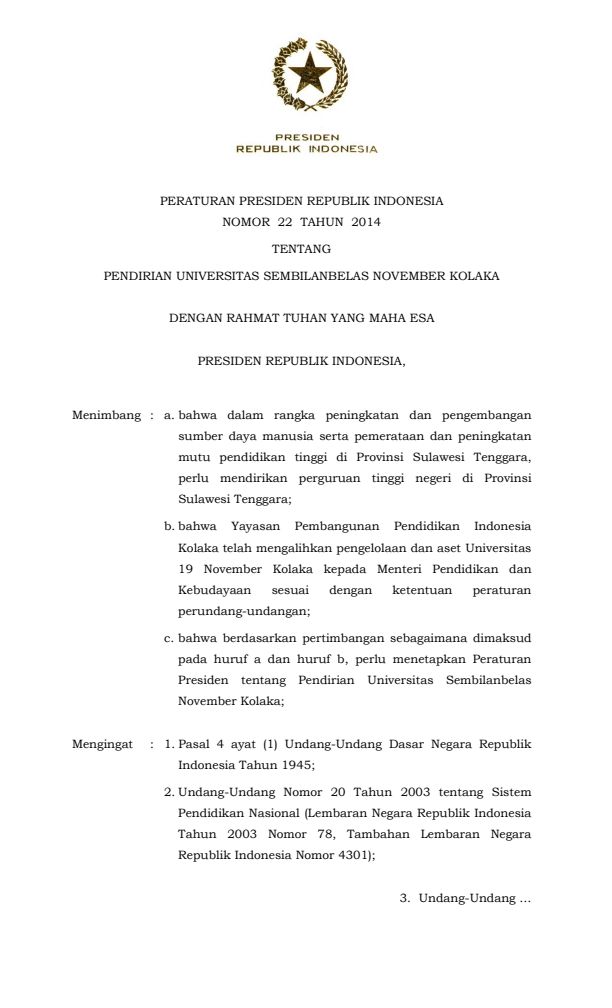 Peraturan Presiden Nomor 22 Tahun 2014