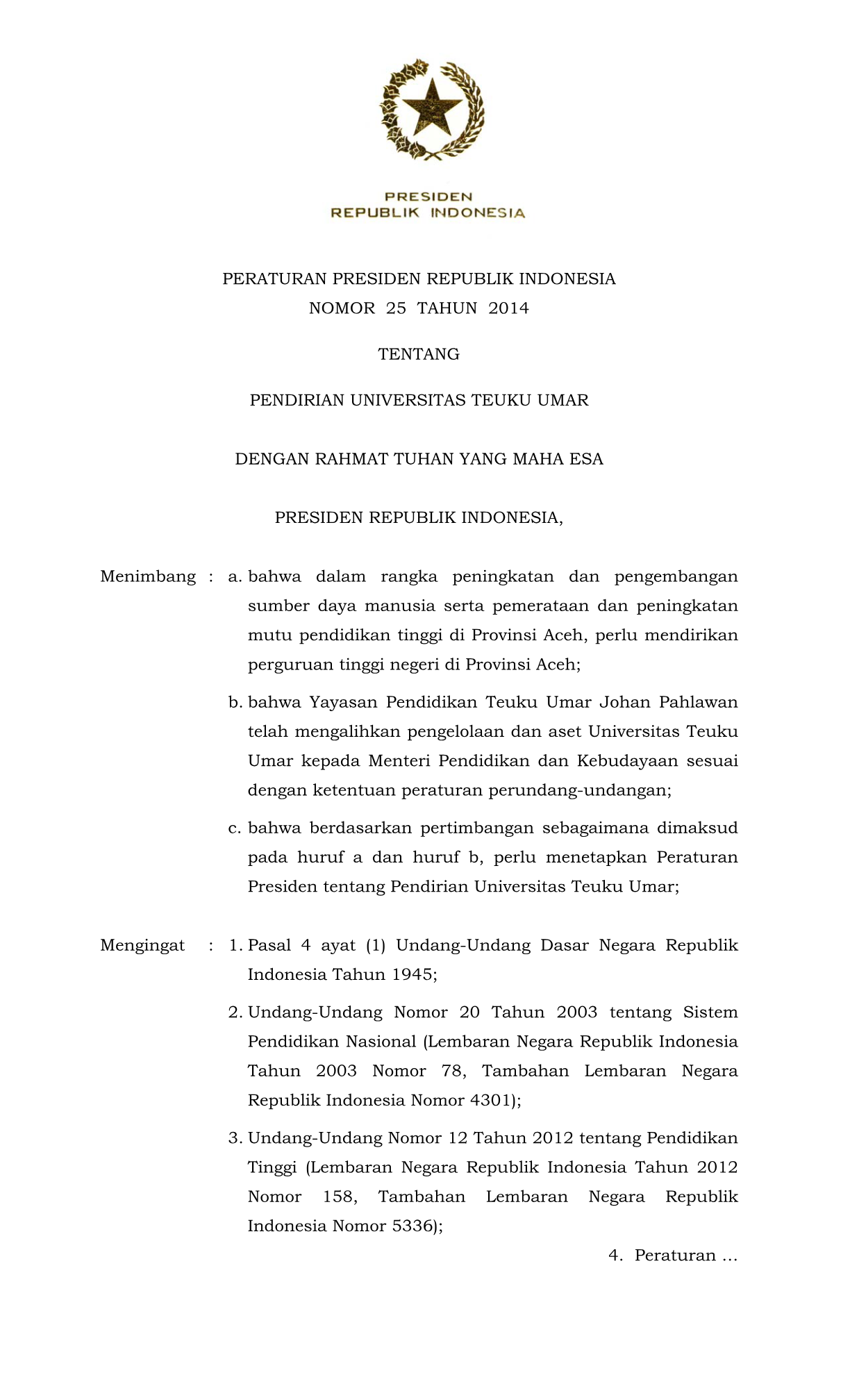 Peraturan Presiden Nomor 25 Tahun 2014