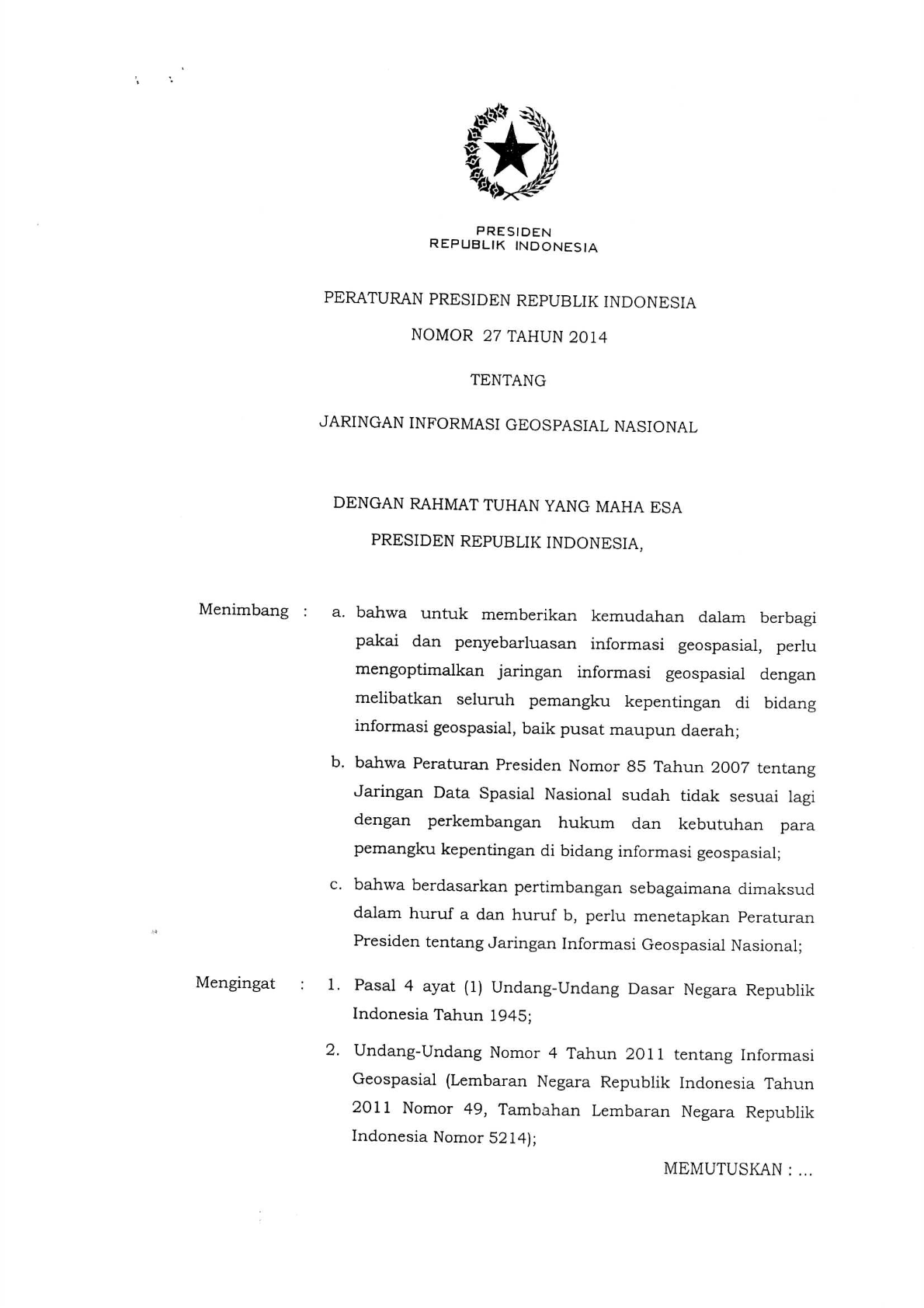 Peraturan Presiden Nomor 27 Tahun 2014