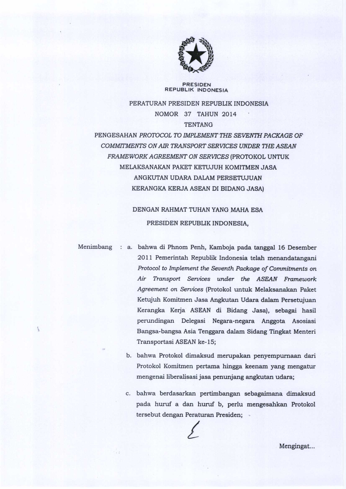 Peraturan Presiden Nomor 37 Tahun 2014