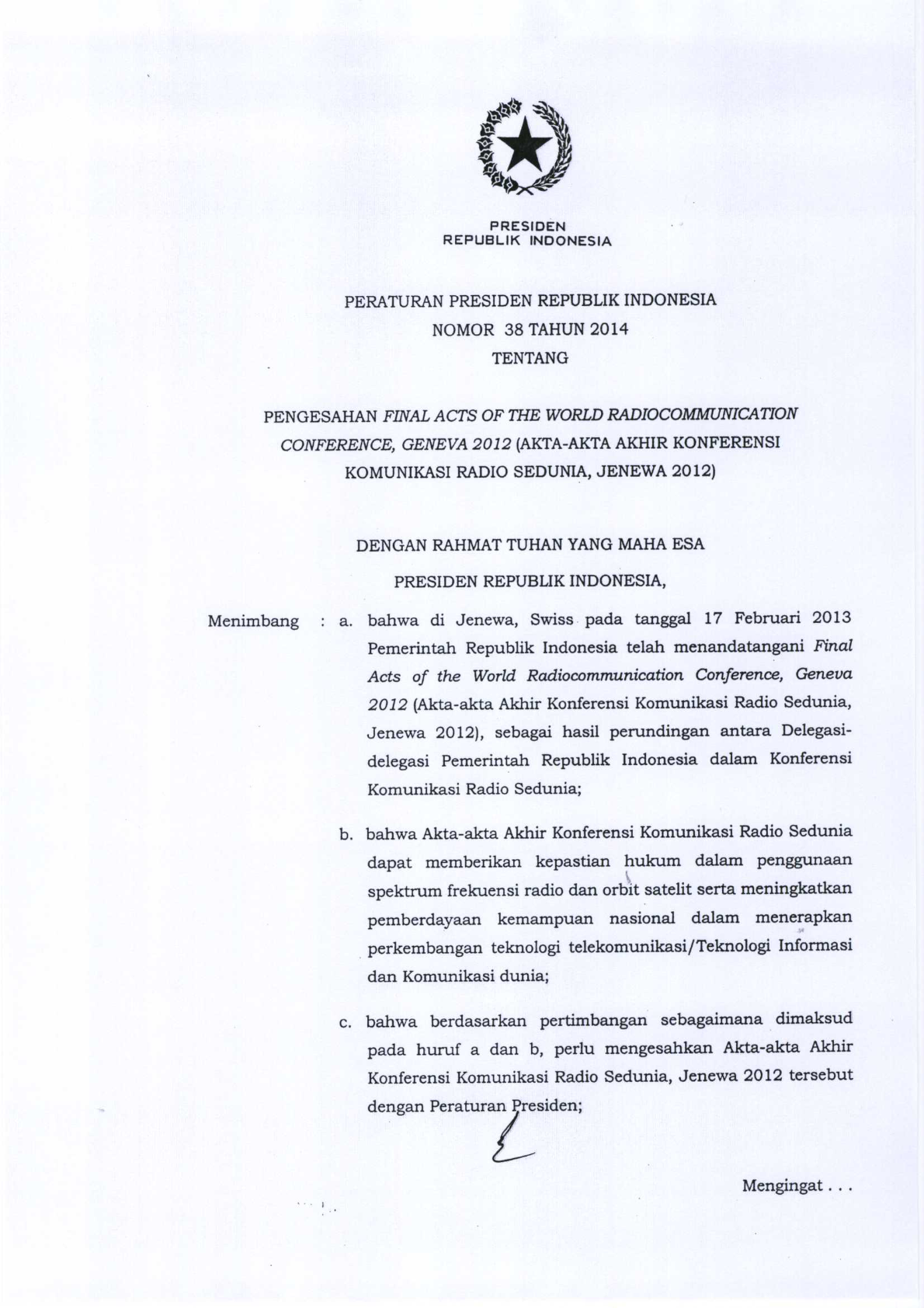 Peraturan Presiden Nomor 38 Tahun 2014