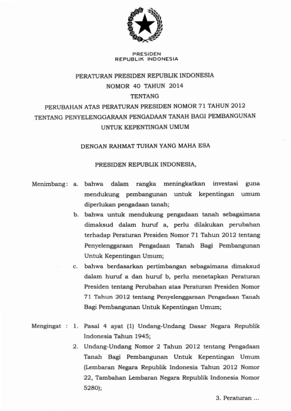 Peraturan Presiden Nomor 40 Tahun 2014