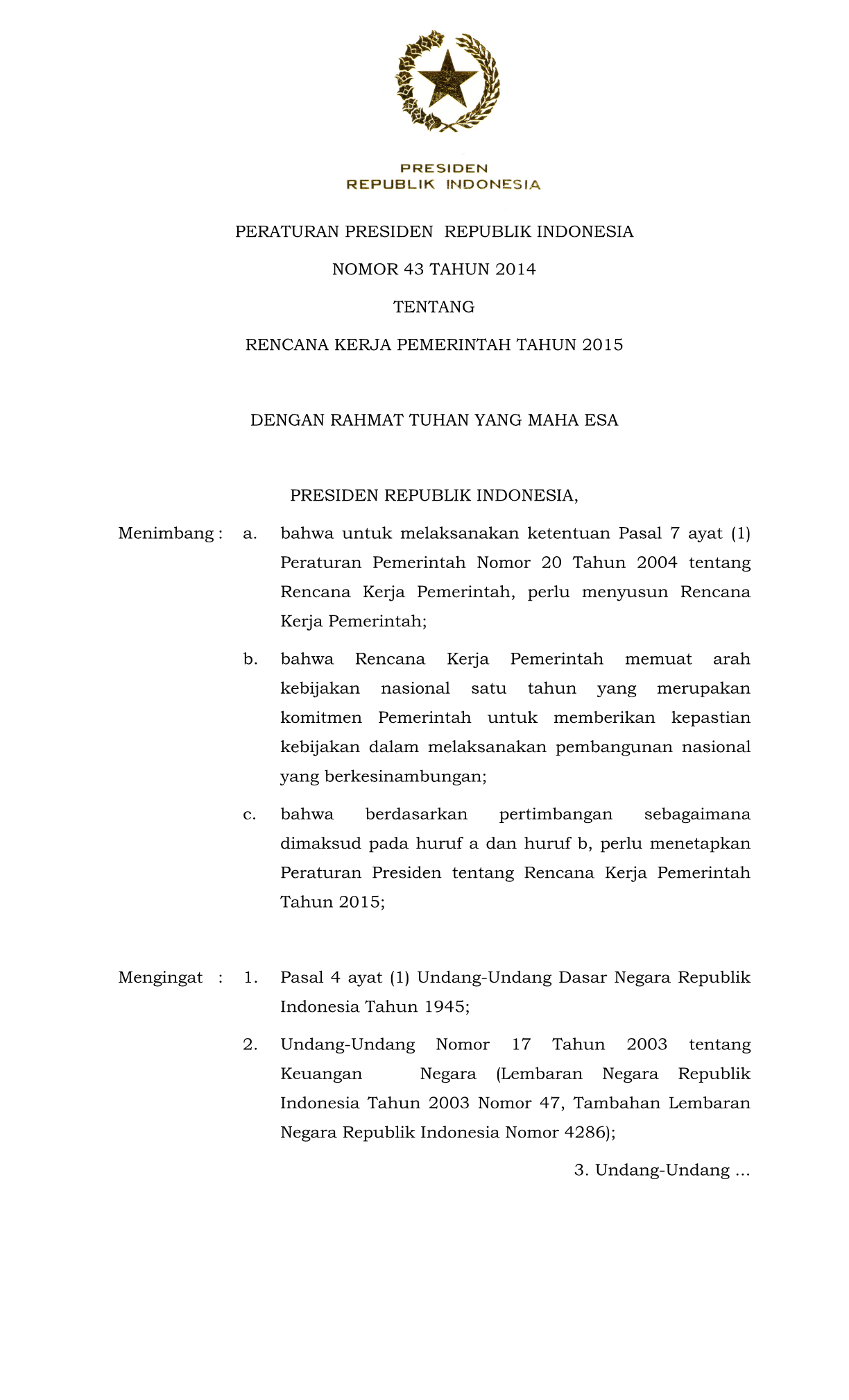 Peraturan Presiden Nomor 43 Tahun 2014