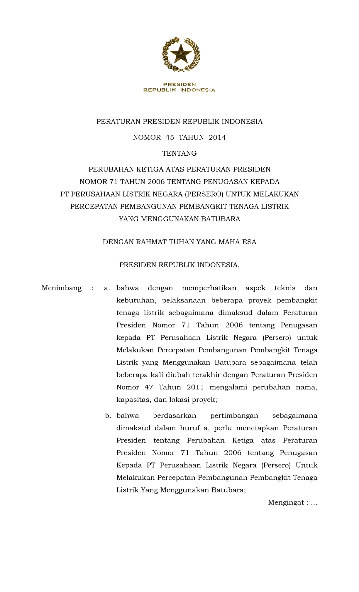Peraturan Presiden Nomor 45 Tahun 2014