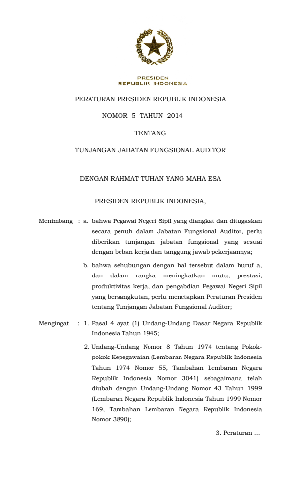 Peraturan Presiden Nomor 5 Tahun 2014