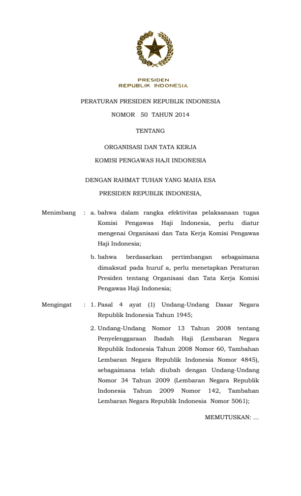 Peraturan Presiden Nomor 50 Tahun 2014