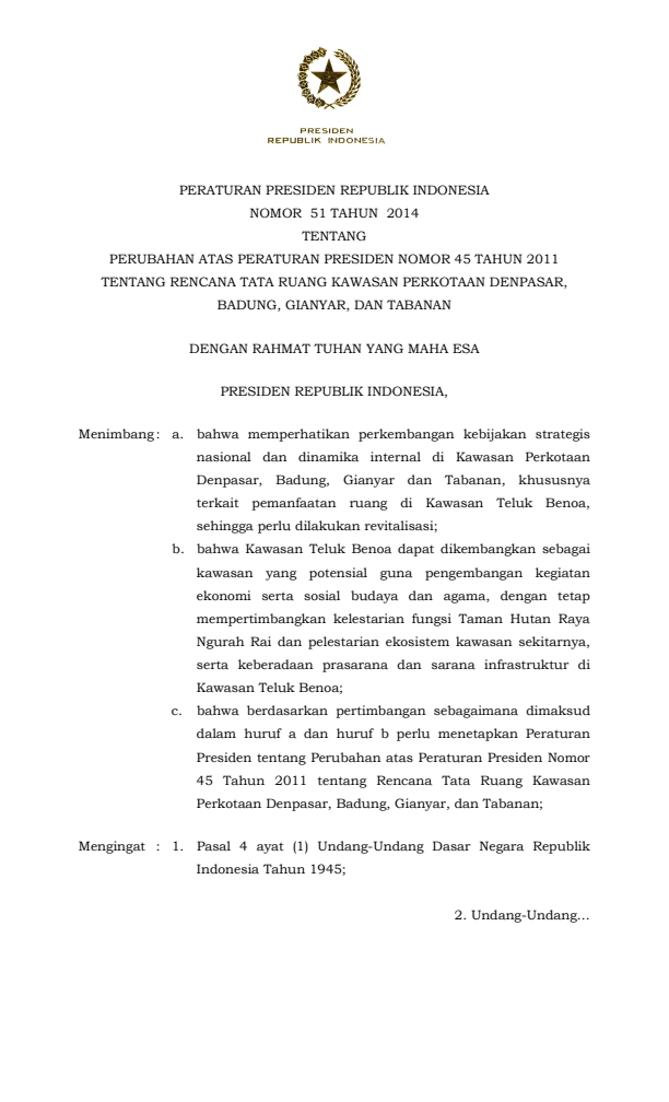 Peraturan Presiden Nomor 51 Tahun 2014