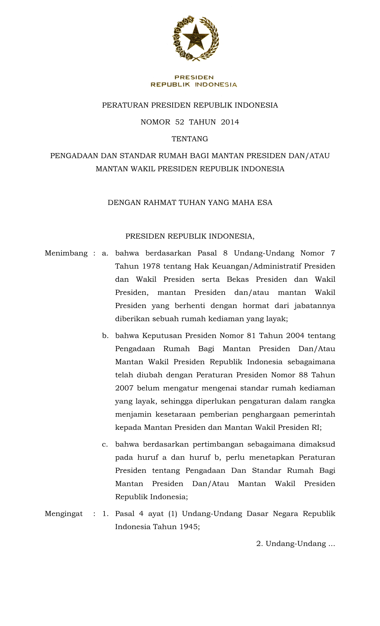 Peraturan Presiden Nomor 52 Tahun 2014