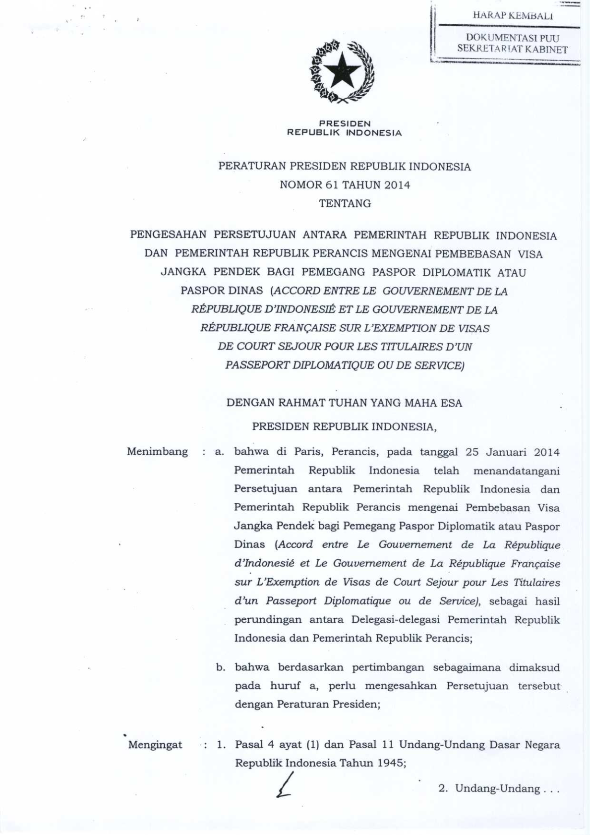 Peraturan Presiden Nomor 61 Tahun 2014