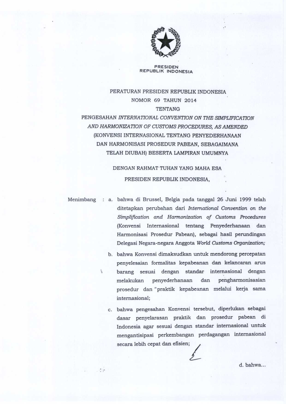 Peraturan Presiden Nomor 69 Tahun 2014