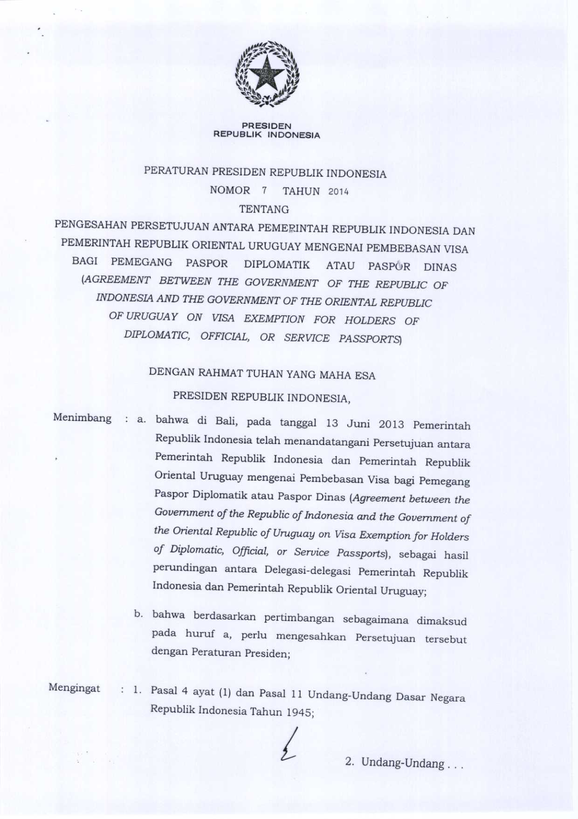 Peraturan Presiden Nomor 7 Tahun 2014