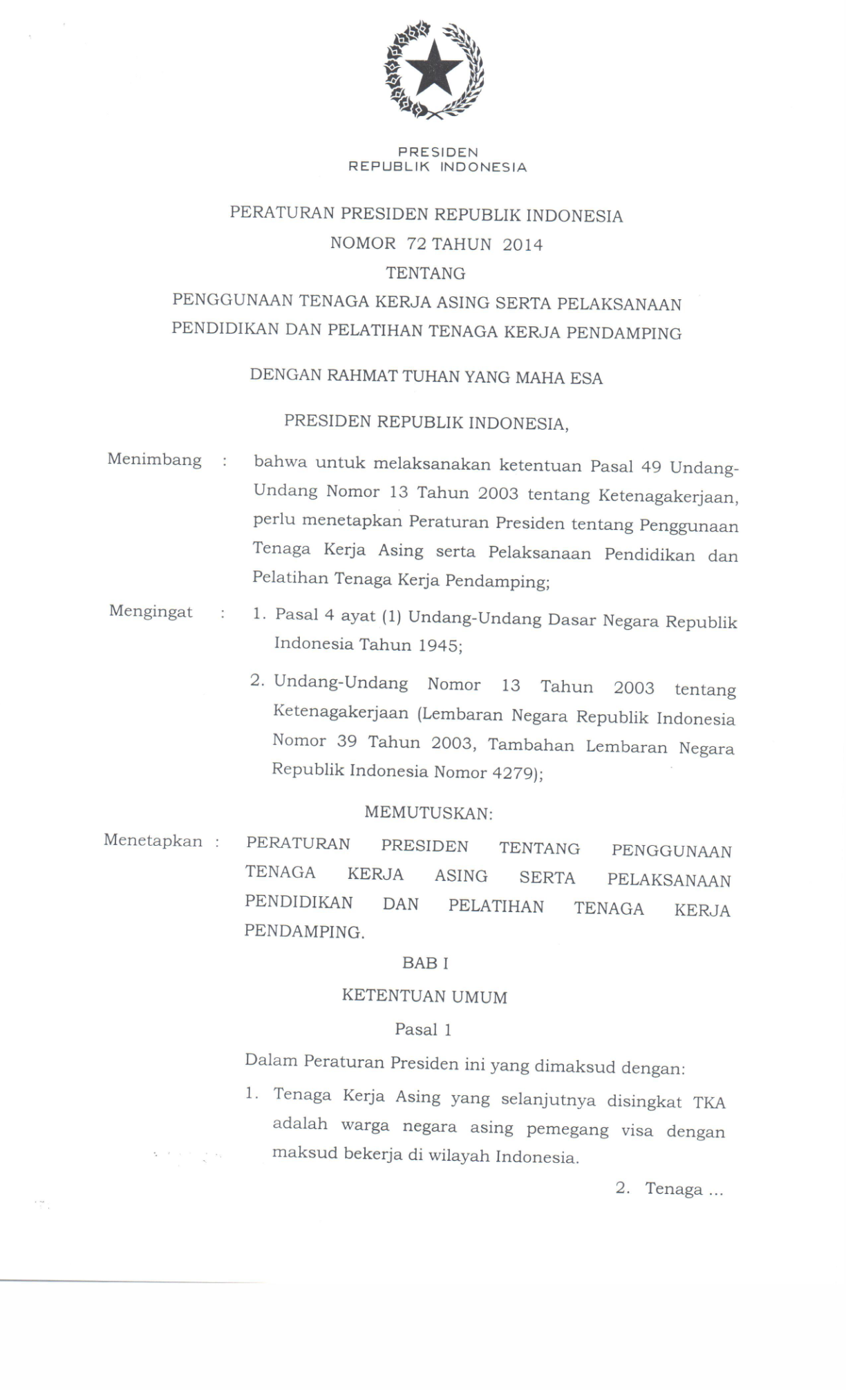 Peraturan Presiden Nomor 72 Tahun 2014