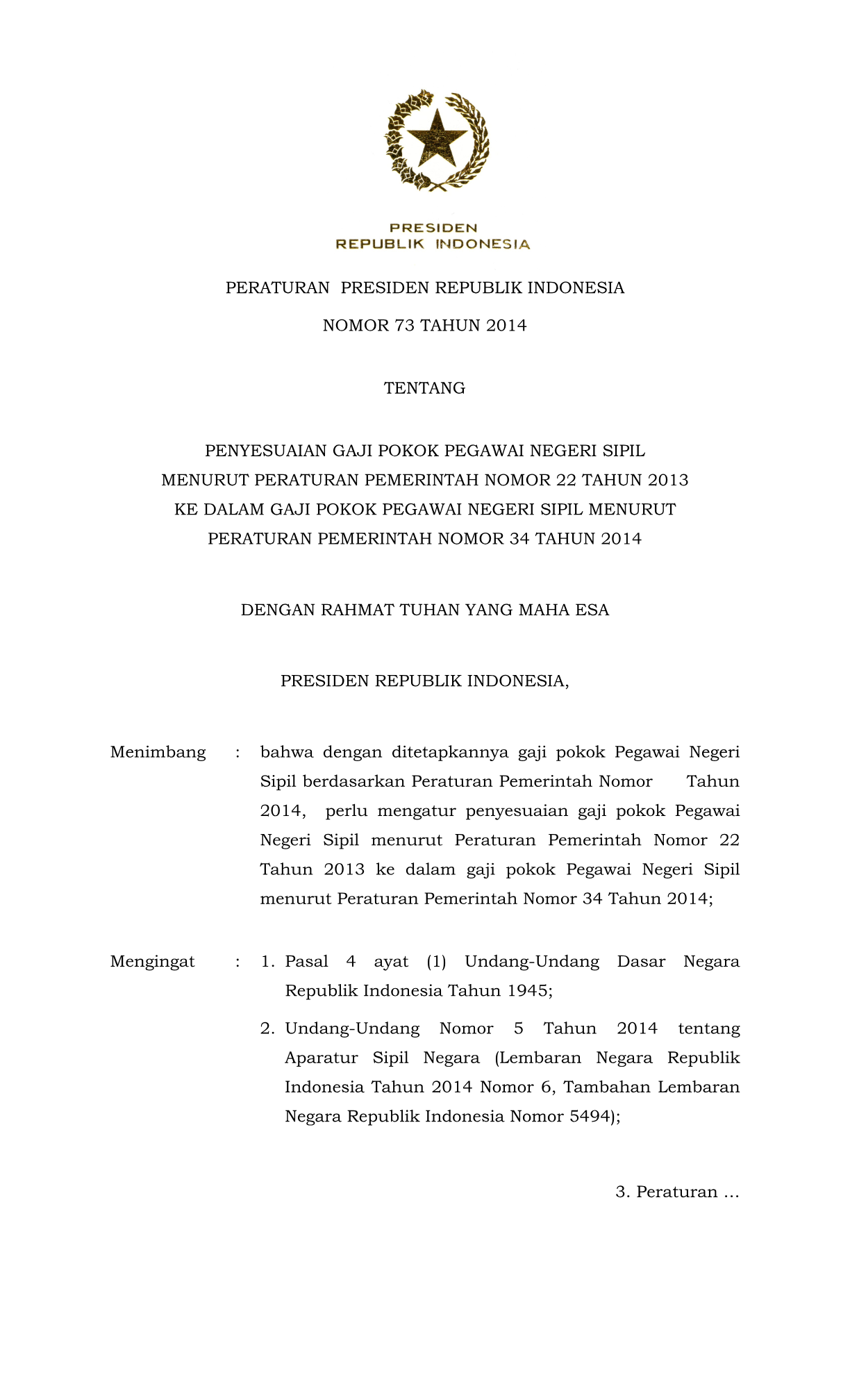 Peraturan Presiden Nomor 73 Tahun 2014