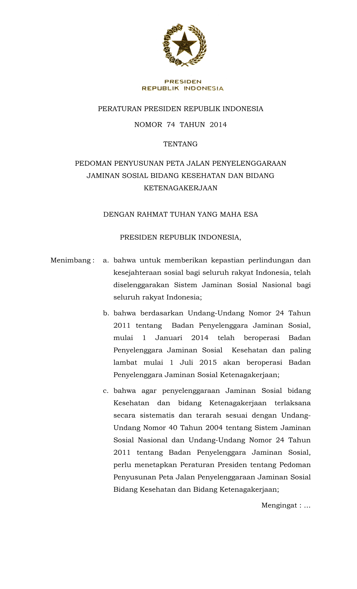 Peraturan Presiden Nomor 74 Tahun 2014
