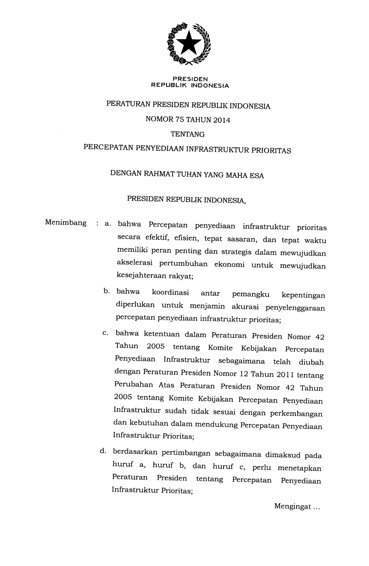 Peraturan Presiden Nomor 75 Tahun 2014