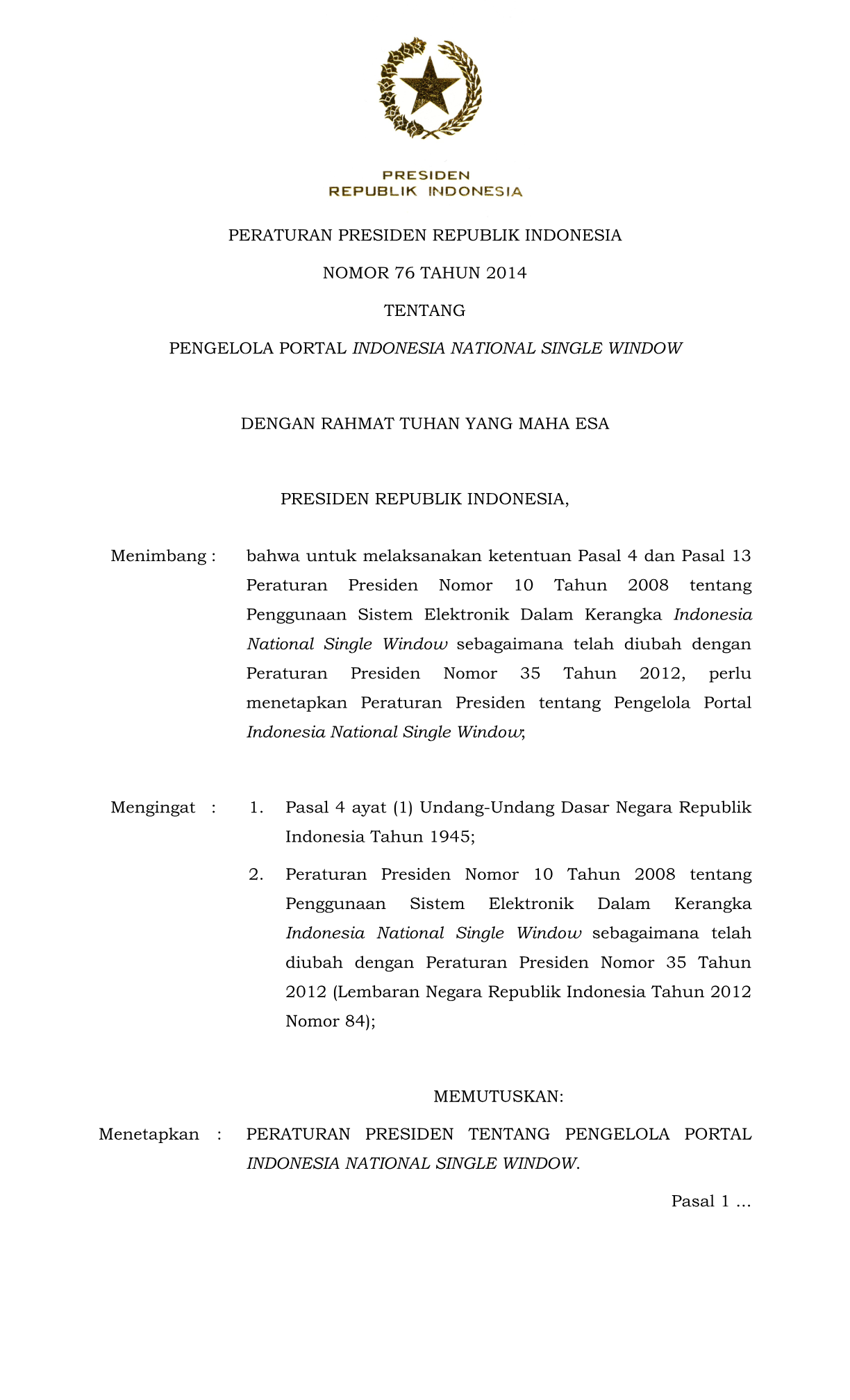 Peraturan Presiden Nomor 76 Tahun 2014