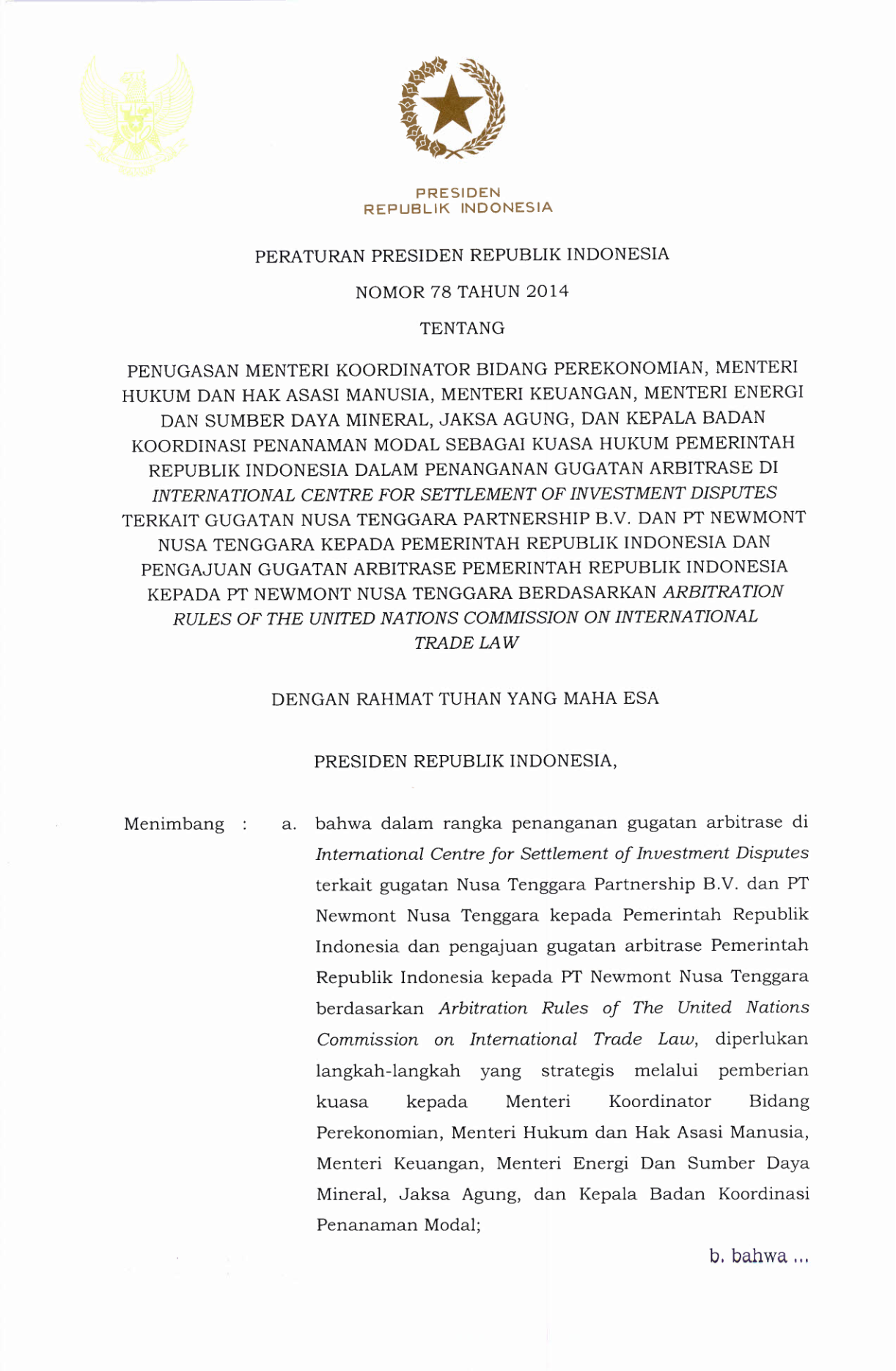 Peraturan Presiden Nomor 78 Tahun 2014