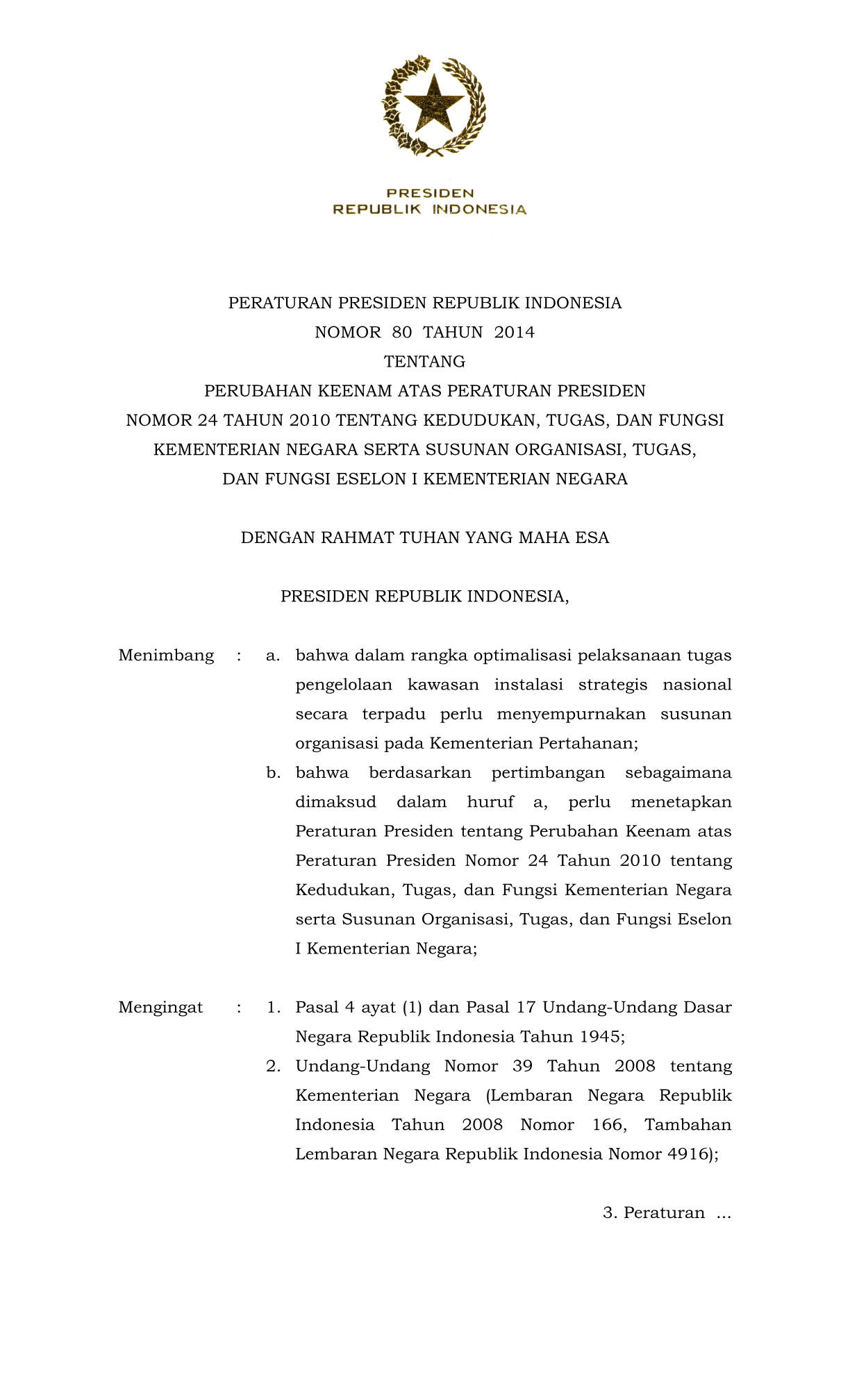 Peraturan Presiden Nomor 80 Tahun 2014