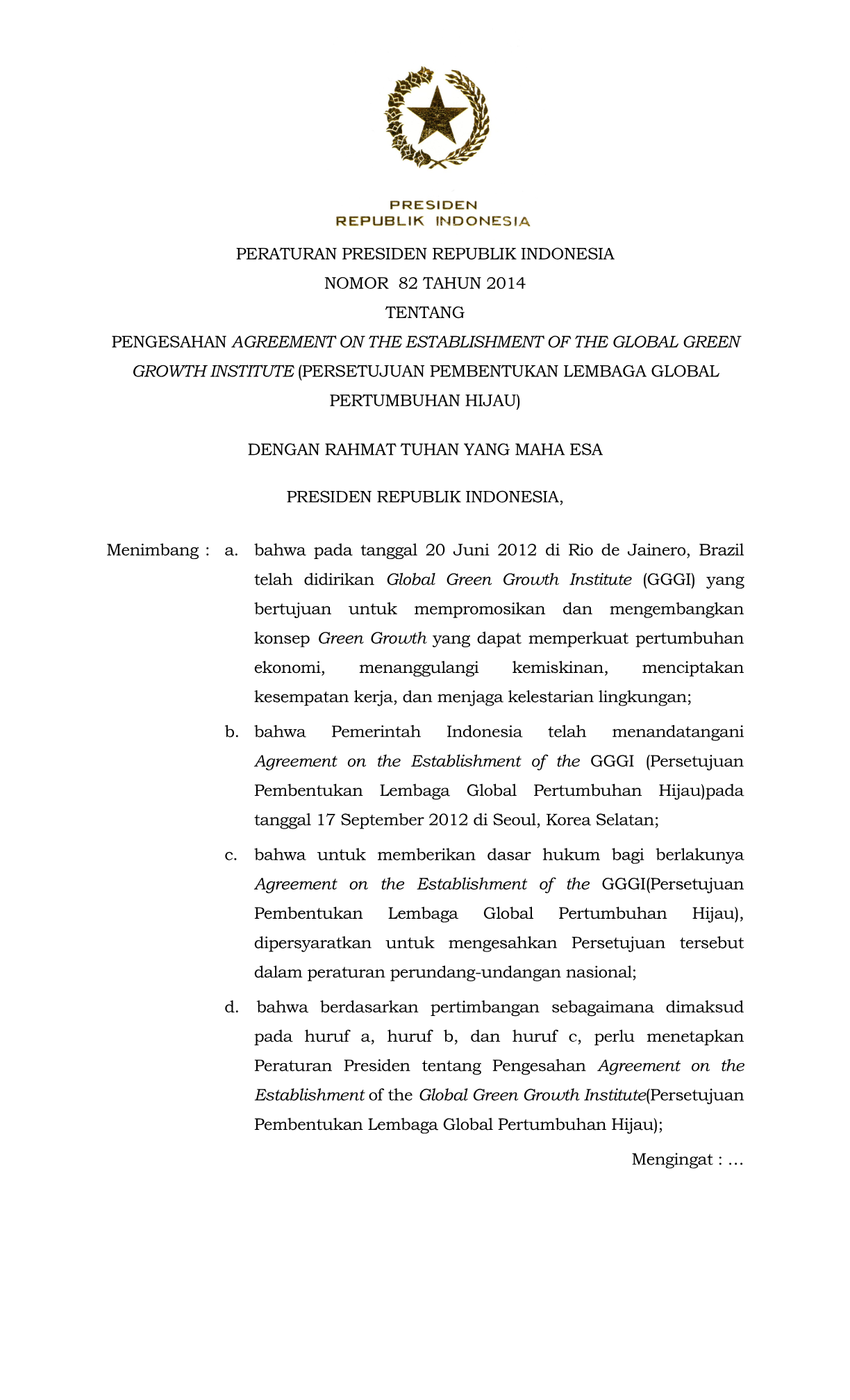 Peraturan Presiden Nomor 82 Tahun 2014