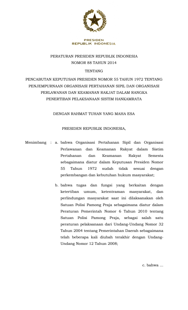 Peraturan Presiden Nomor 88 Tahun 2014
