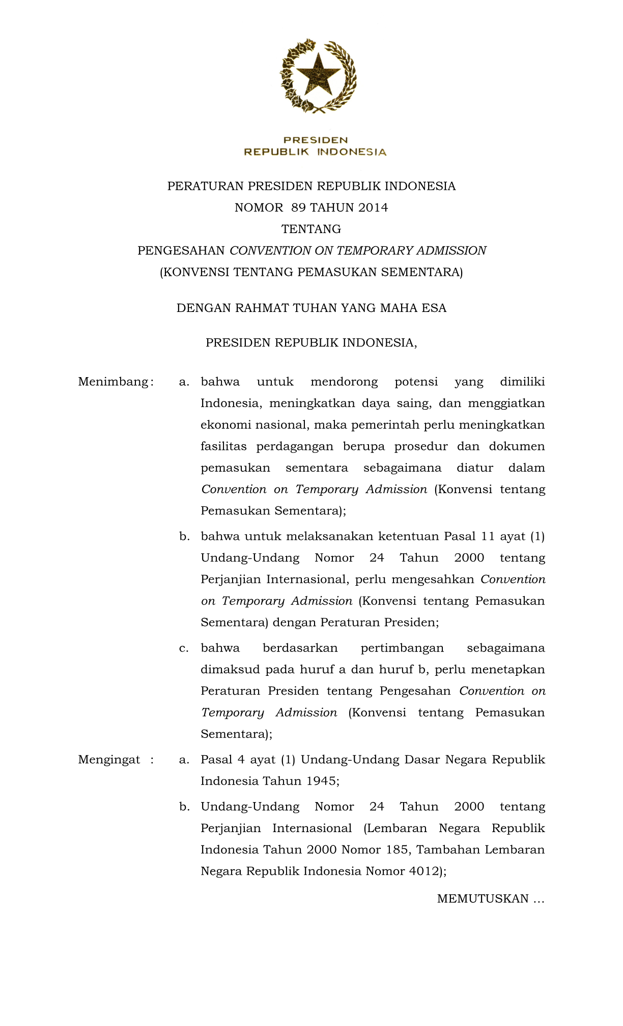 Peraturan Presiden Nomor 89 Tahun 2014