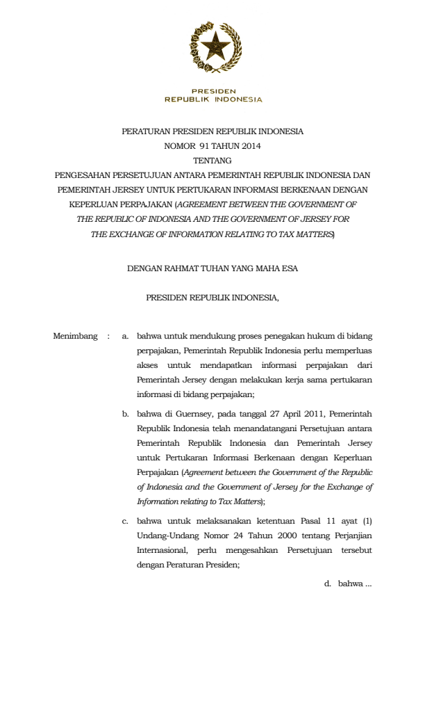 Peraturan Presiden Nomor 91 Tahun 2014