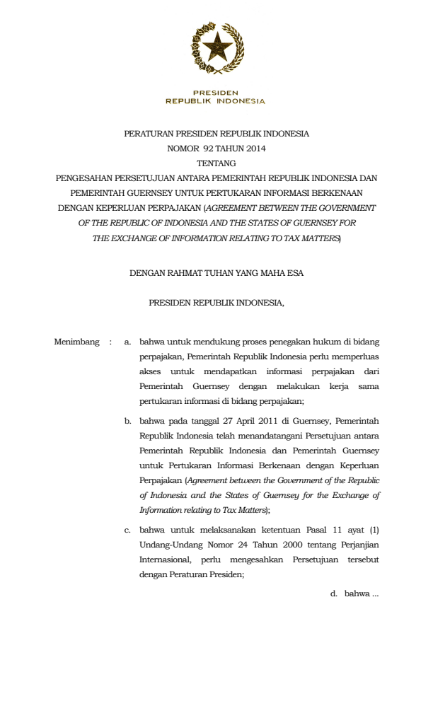 Peraturan Presiden Nomor 92 Tahun 2014