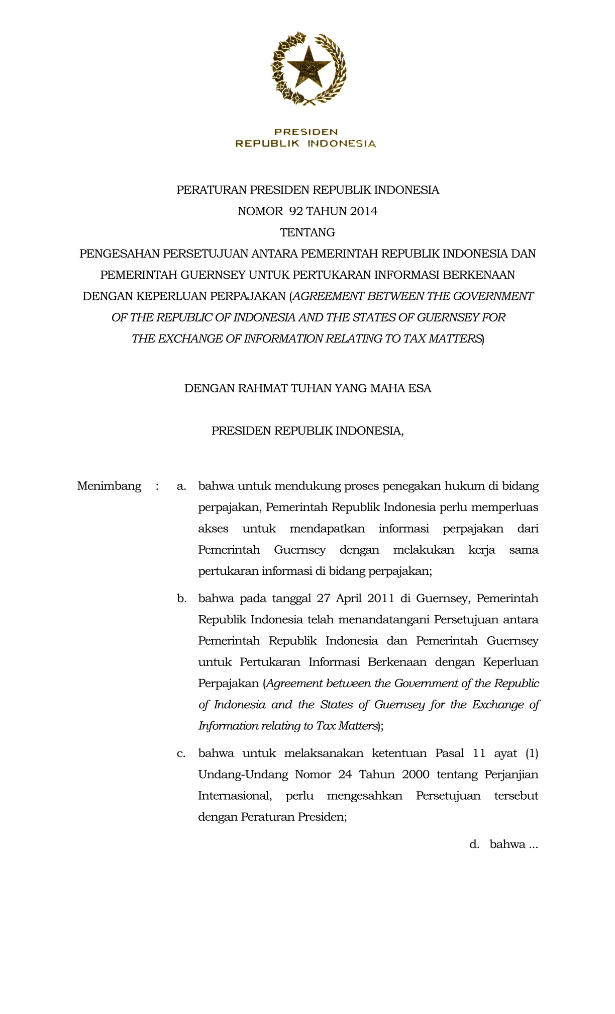 Peraturan Presiden Nomor 92 Tahun 2014