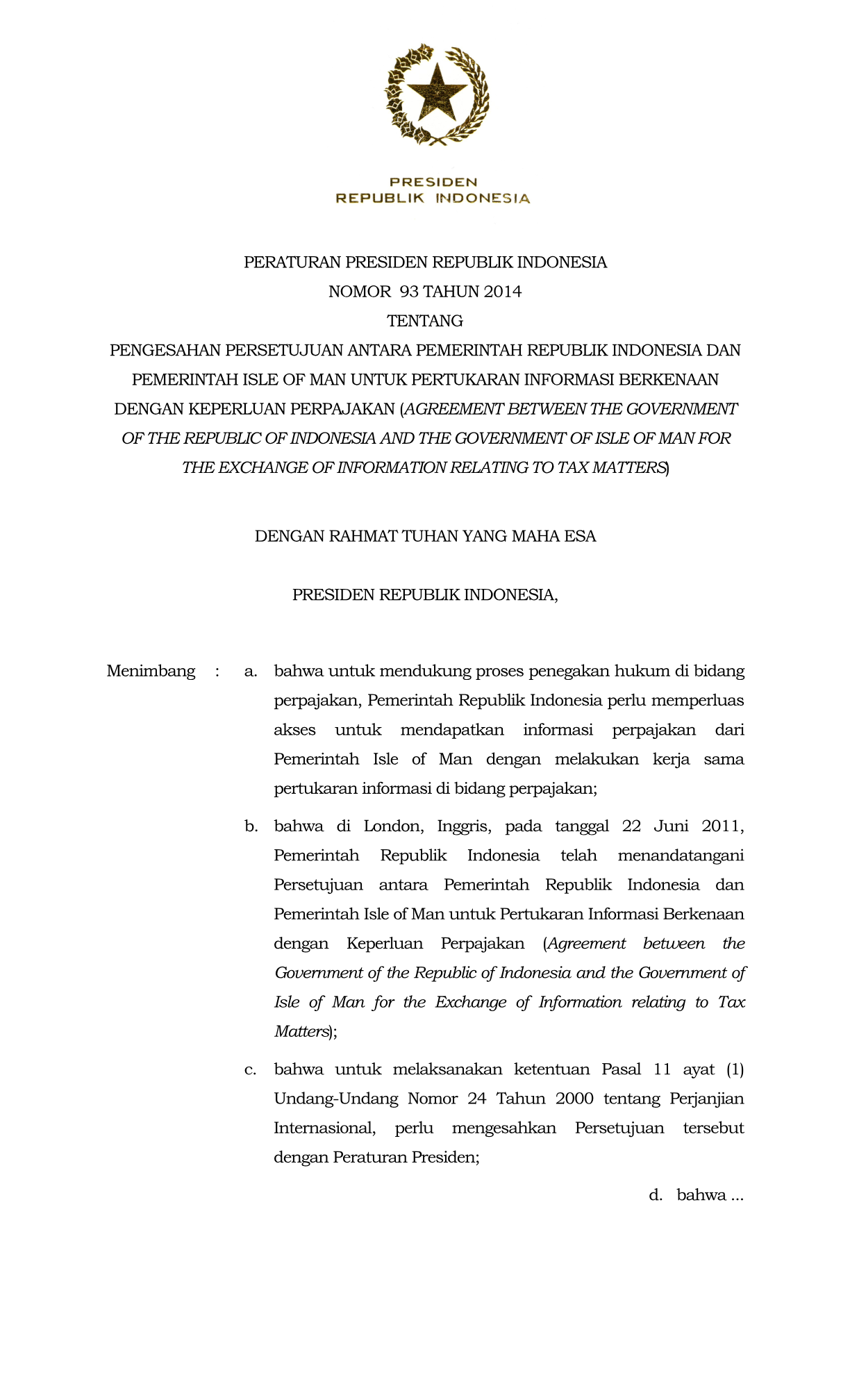 Peraturan Presiden Nomor 93 Tahun 2014