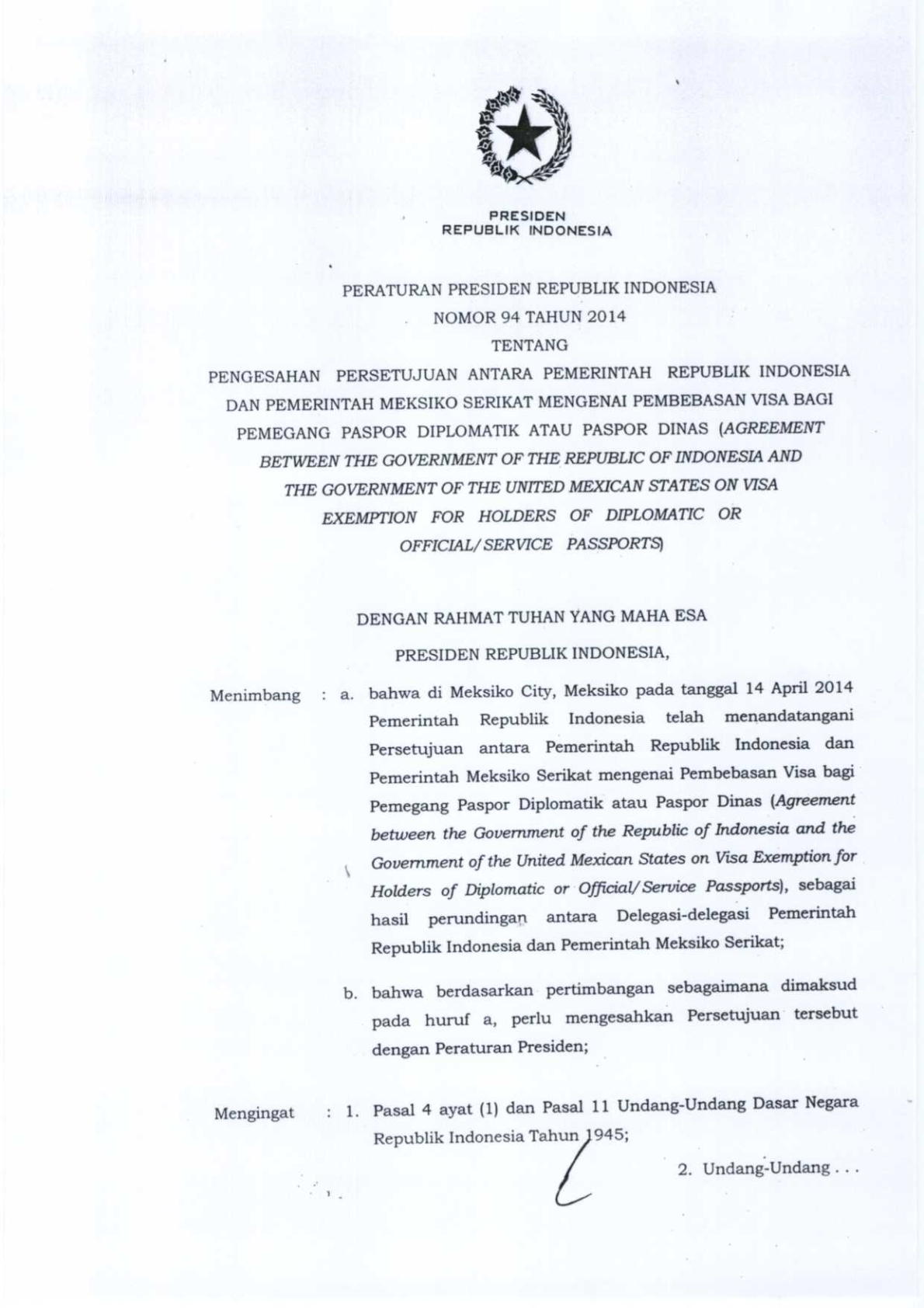 Peraturan Presiden Nomor 94 Tahun 2014