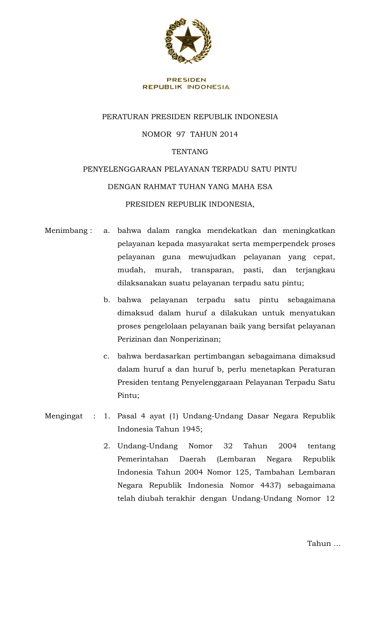 Peraturan Presiden Nomor 97 Tahun 2014