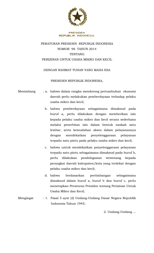 Peraturan Presiden Nomor 98 Tahun 2014